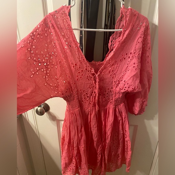 FREE PEOPLE Bubblegum Pink Eyelet Long Sleeve Cotton Mini Dress Medium - Picture 5 of 7